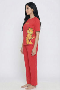 Zivame Garfield Knit Cotton Loungewear Set - Mars Red — thumbnail 5